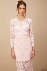 A pink midi dress with floral embroidery and lace detailing featuring embellishments and a feminine silhouette