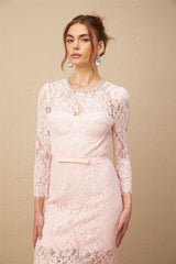 A pink midi dress with floral embroidery and lace details featuring embellishments and a delicate feminine design