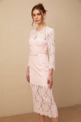A pink midi dress with floral embroidery and lace details featuring embellishments and a delicate feminine design