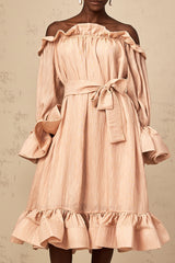 A pink midi dress with ruffles and a tied waist detail named Agathe