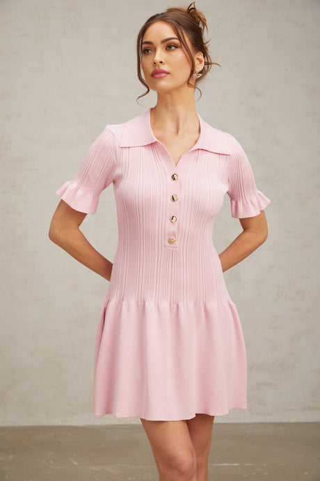 A pink mini dress with a flared skirt and fine knit texture featuring long sleeves and a fitted bodice