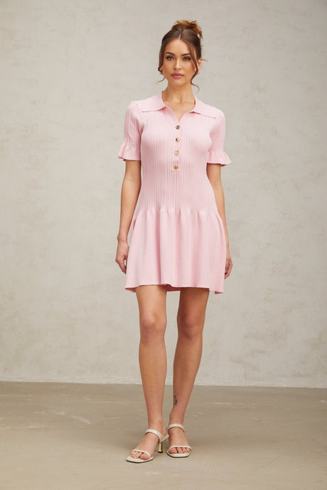 A pink mini dress with a flared skirt and fine knit texture featuring long sleeves and a fitted bodice