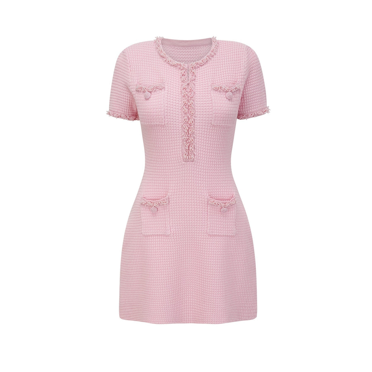 A pink mini dress with a knit fabric adorned with beaded embellishments featuring a feminine and elegant design