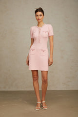 A pink mini dress with a knit texture and beaded embellishments named Eugenie