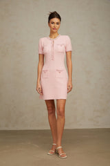 A pink mini dress with a knit texture and beaded embellishments