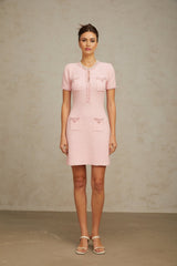 A pink mini dress with a knit texture featuring beaded embellishments named Eugénie