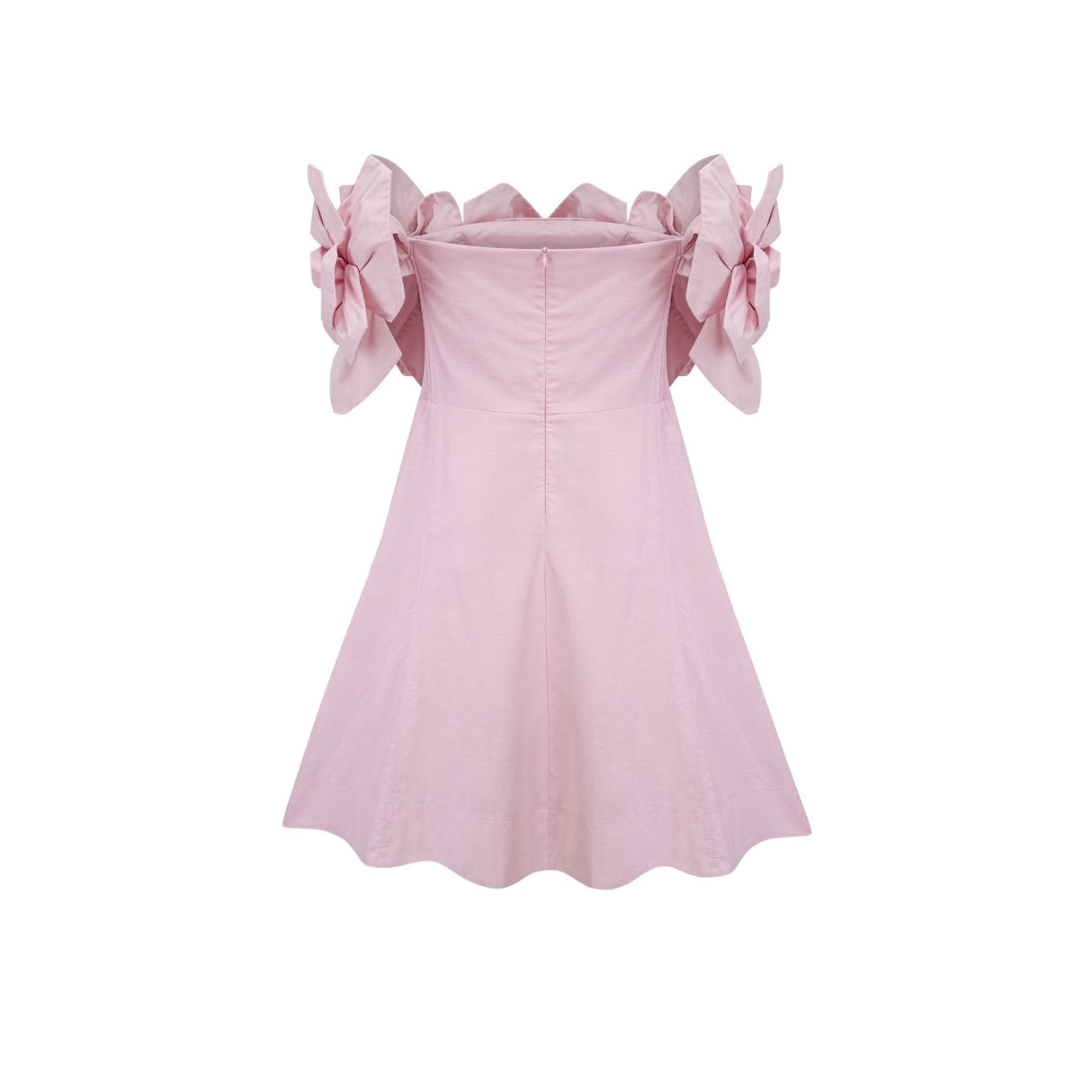 A pink mini dress with an offshoulder neckline featuring three dimensional floral petal details named Juliette