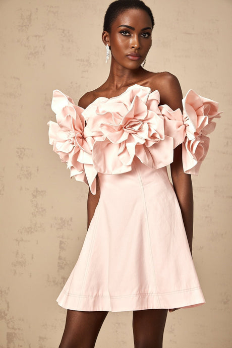 A pink mini dress with an offshoulder neckline featuring three dimensional petal details throughout the garment
