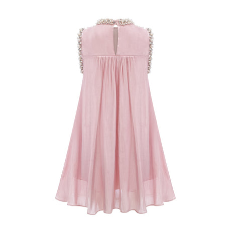 A pink mini dress with embellishments and pleated design named Helena