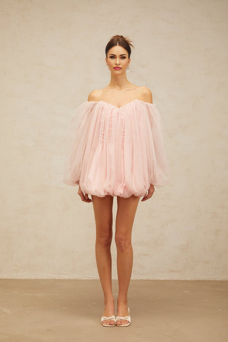 A pink mini dress with layered bubble tulle skirt named Avril featuring a short hemline and textured voluminous appearance