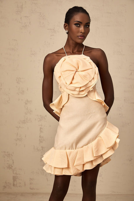 A pink mini dress with ruffled 3d petal details and a short hemline named Ginevra