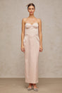 A pink offshoulder maxi dress with a corsetstyle bodice made of satin fabric featuring a long flowing skirt