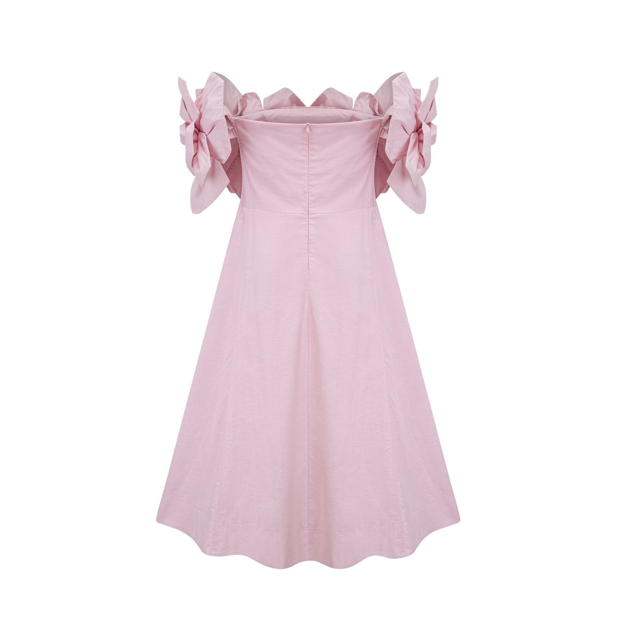 A pink offshoulder midi dress featuring 3D petal details named Juliette