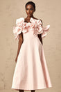 A pink offshoulder midi dress with 3D petal details named Juliette The dress features a fitted bodice and flared skirt with delicate floral embellishments