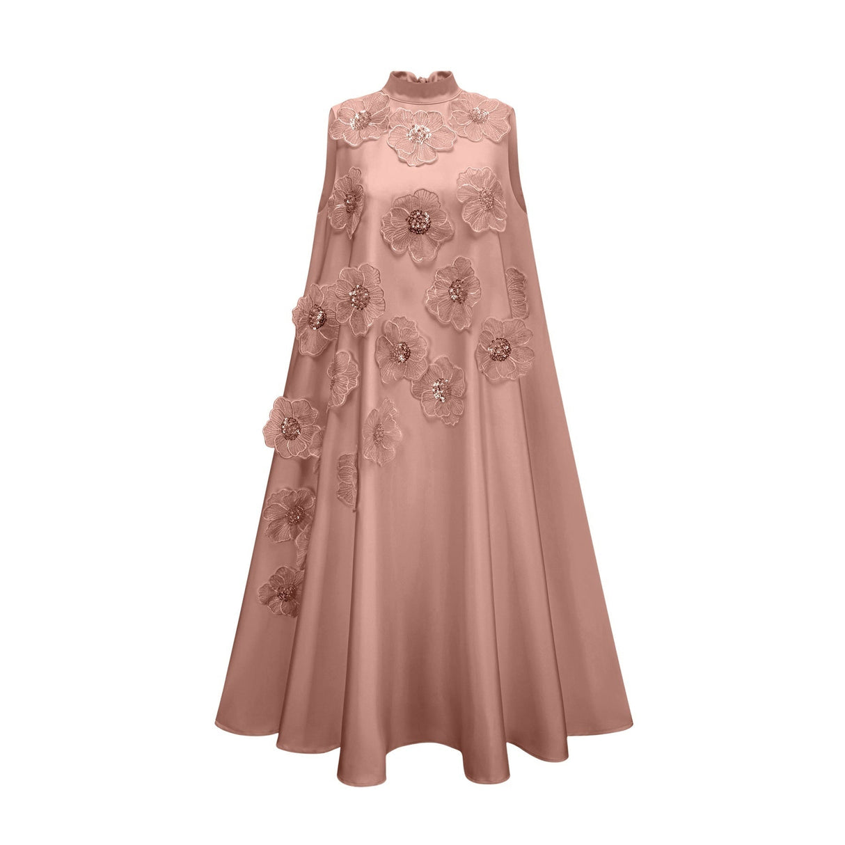 A pink sleeveless midi dress with floral applique details named Emilie
