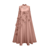A pink sleeveless midi dress with floral applique details named Emilie
