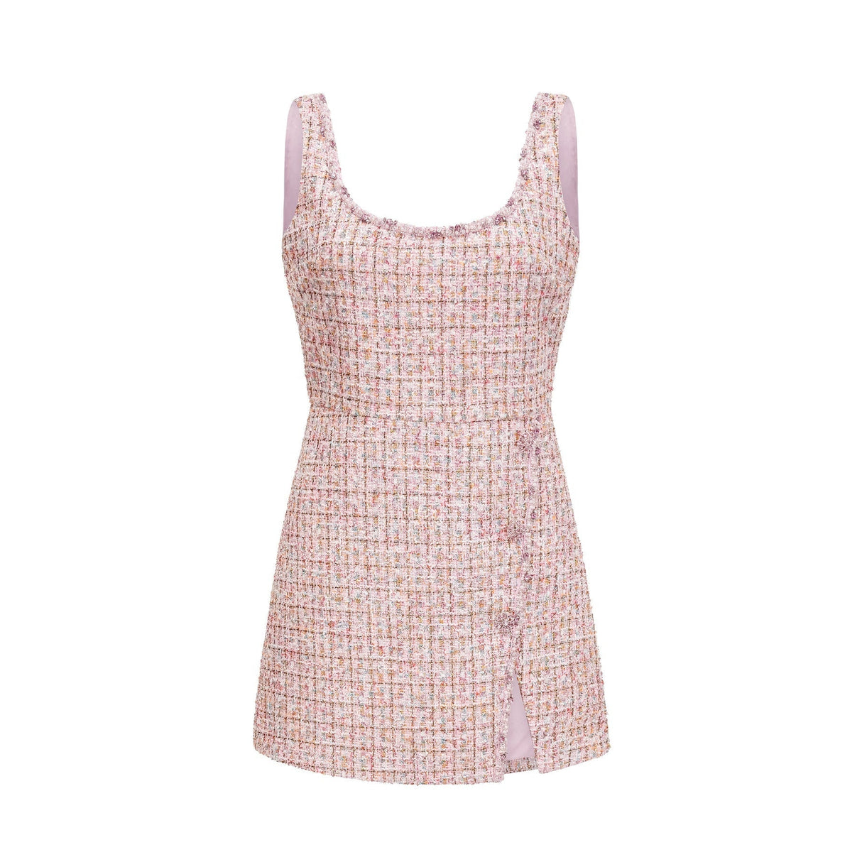 A pink tweed mini dress with embellishments named Aoife featuring a short hemline and decorative details on the fabric