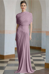 A purple asymmetric maxi dress with pleated details and a long flowing skirt worn by a female model