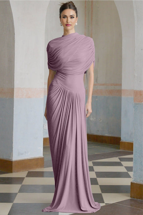 A purple asymmetric maxi dress with pleated details and a long flowing skirt worn by a female model