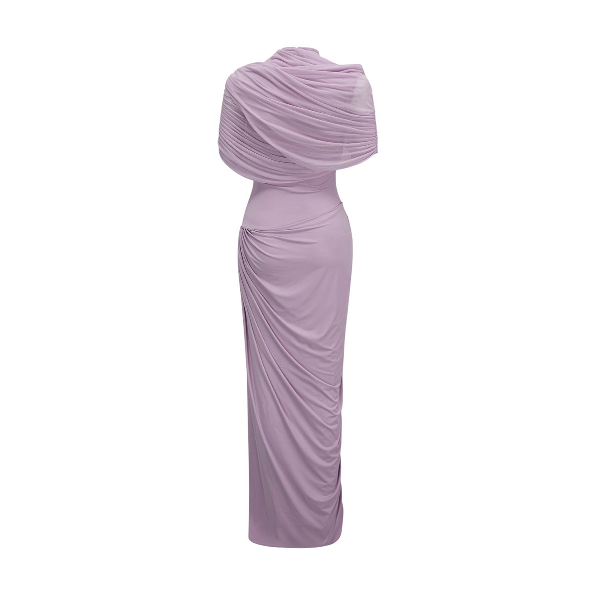 A purple asymmetric maxi dress with pleated details worn by a model standing against a plain background