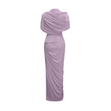 A purple asymmetric maxi dress with pleated details worn by a model standing against a plain background
