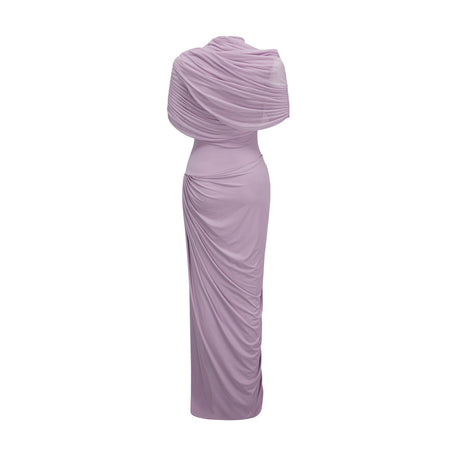 A purple asymmetric maxi dress with pleated details worn by a model standing against a plain background