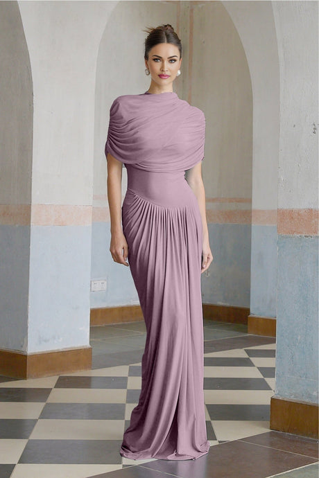 A purple asymmetric maxi dress with pleated details worn by a model standing against a plain background