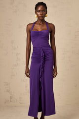 A purple halterneck midi dress with ruched detailing featuring a fitted silhouette and a sleek design named Renata