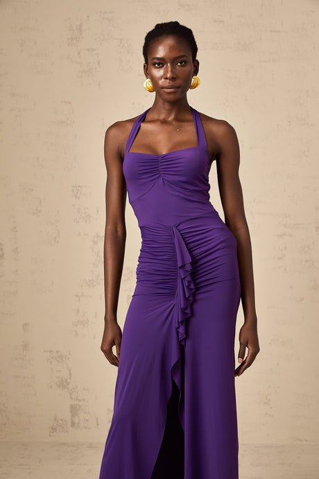 A purple halterneck midi dress with ruched detailing named Renata