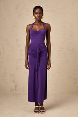 A purple halterneck midi dress with ruched detailing named Renata