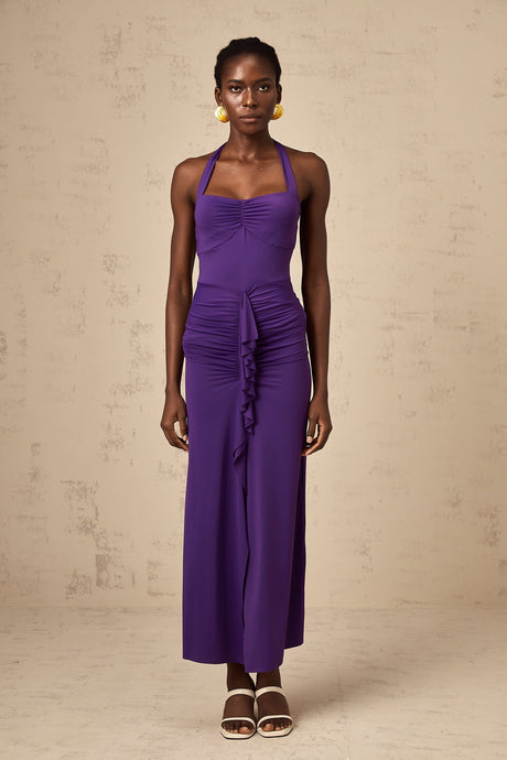 A purple halterneck midi dress with ruched detailing named Renata