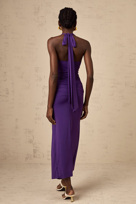 A purple halterneck midi dress with ruched detailing named Renata