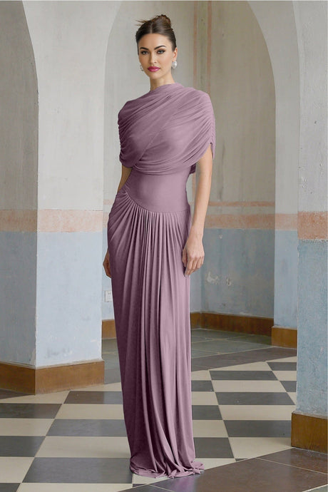 A purple maxi dress with an asymmetric design and pleated details featuring a long flowing skirt and a unique neckline