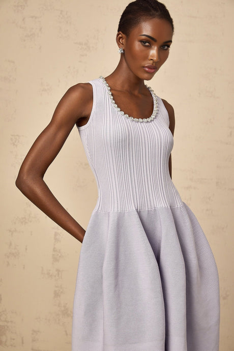 A purple ribbed knit midi dress with embellishments named Aida