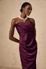 A purple satin midi dress with ruched detailing by Chloé