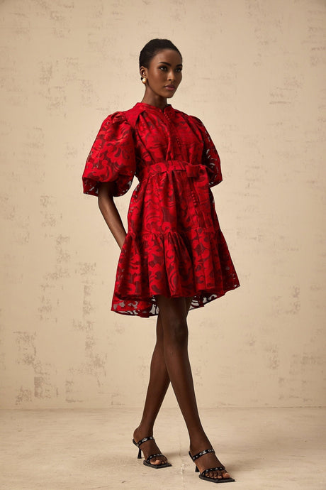 A red jacquard mini dress with a semi sheer design worn by a model standing against a plain background