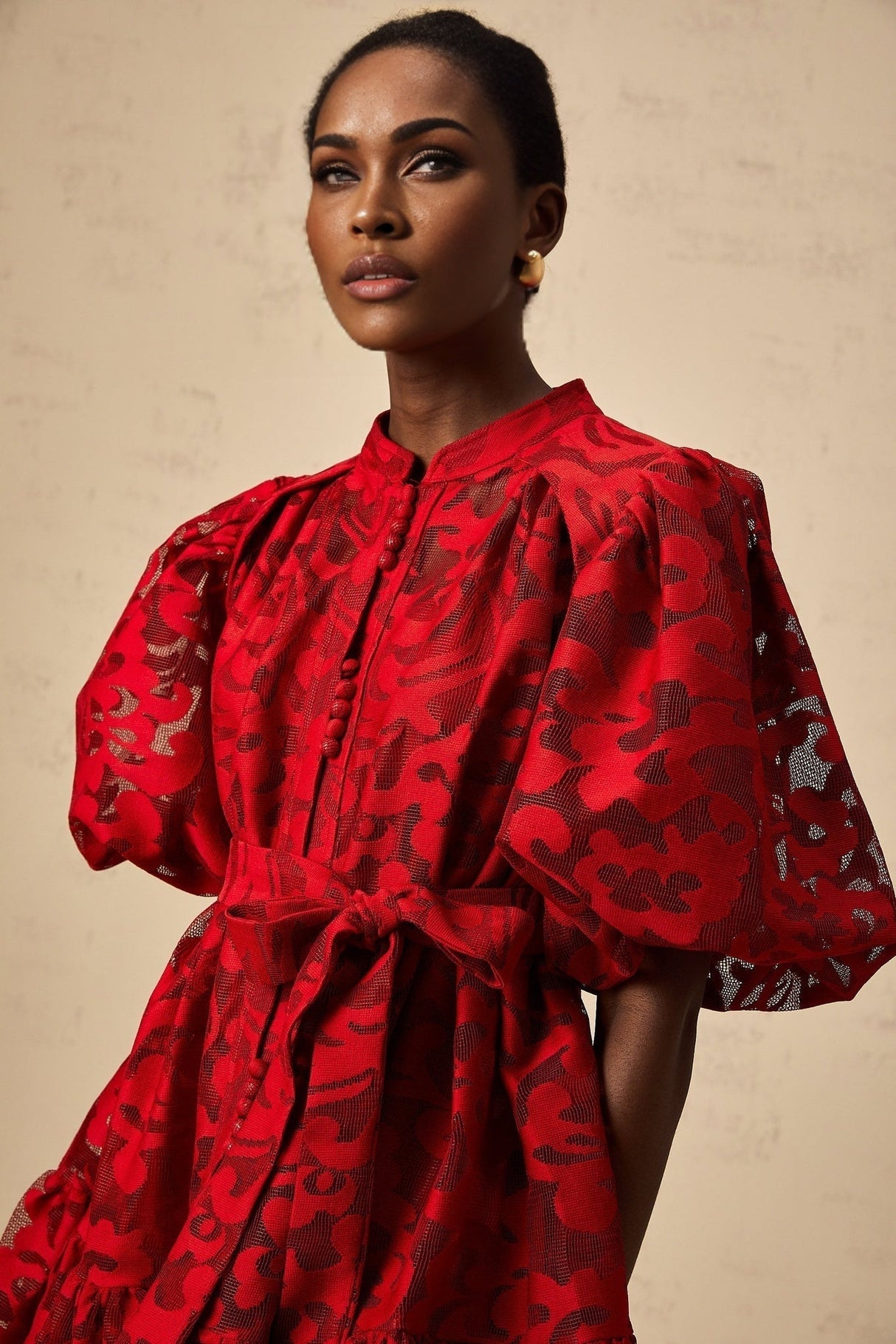 A red jacquard mini dress with a semi sheer fabric featuring a floral or intricate pattern design