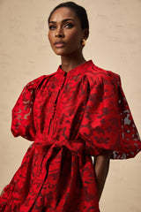 A red jacquard mini dress with a semi sheer fabric featuring a floral or intricate pattern design