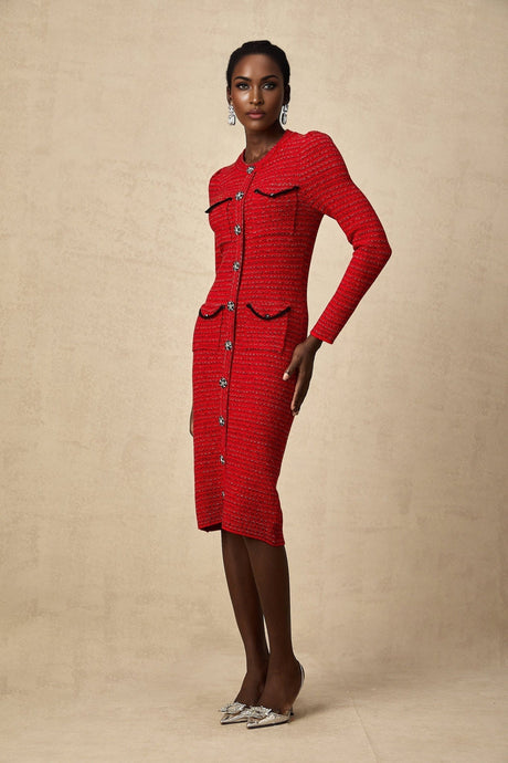 A red knit midi dress with embellishments named Faustine featuring a fitted silhouette and decorative details