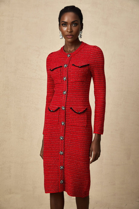 A red knitted midi dress with embellishments named Faustine featuring a fitted silhouette and decorative details throughout the fabric