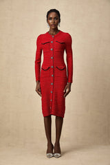 A red knitted midi dress with embellishments named Faustine featuring a fitted silhouette and decorative details throughout the fabric