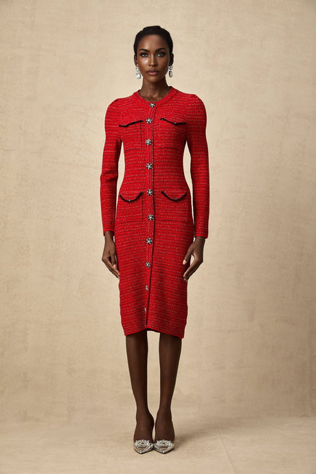 A red knitted midi dress with embellishments named Faustine featuring a fitted silhouette and decorative details throughout the fabric