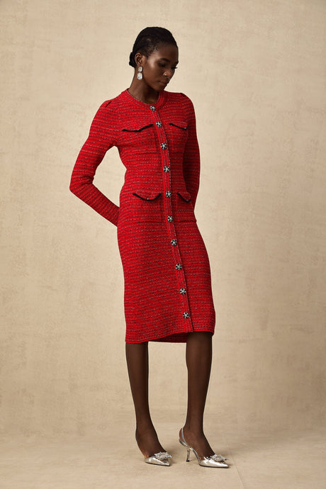 A red knitted midi dress with embellishments named Faustine featuring a fitted silhouette and decorative details