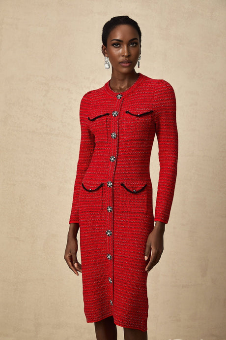 A red knitted midi dress with embellishments named Faustine featuring a fitted silhouette and intricate decorative details