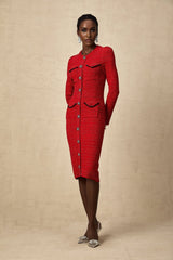 A red knitted midi dress with embellishments named Faustine featuring a fitted silhouette and intricate decorative details