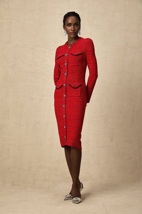 A red knitted midi dress with embellishments named Faustine featuring a fitted silhouette and intricate decorative details