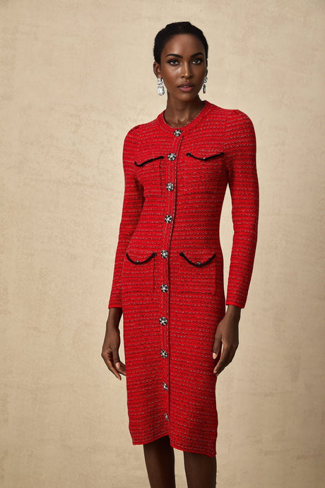 A red knitted midi dress with embellishments named Faustine featuring a fitted silhouette and intricate detailing