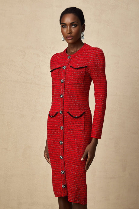 A red knitted midi dress with embellishments named Faustine featuring a fitted silhouette and intricate detailing