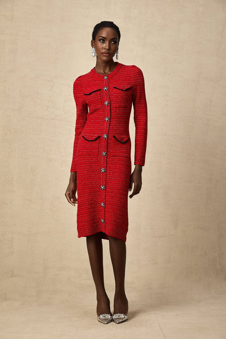 A red knitted midi dress with embellishments named Faustine featuring a form fitting silhouette