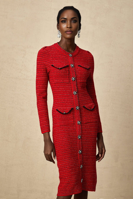 A red knitted midi dress with embellishments named Faustine on a plain background